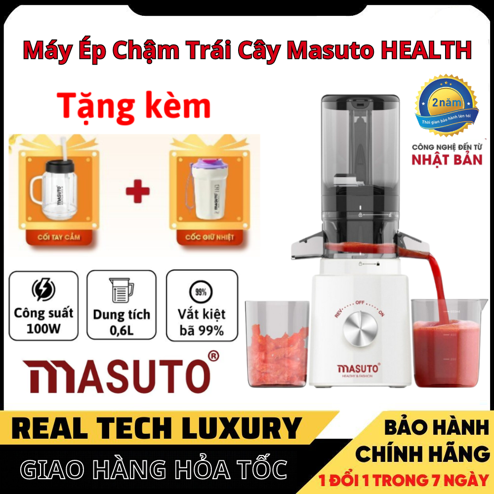 Máy ép chậm trái cây Masuto HEALTH miệng to công suất lớn 100W tách nước hoa quả kiệt bã đến 99% ép 