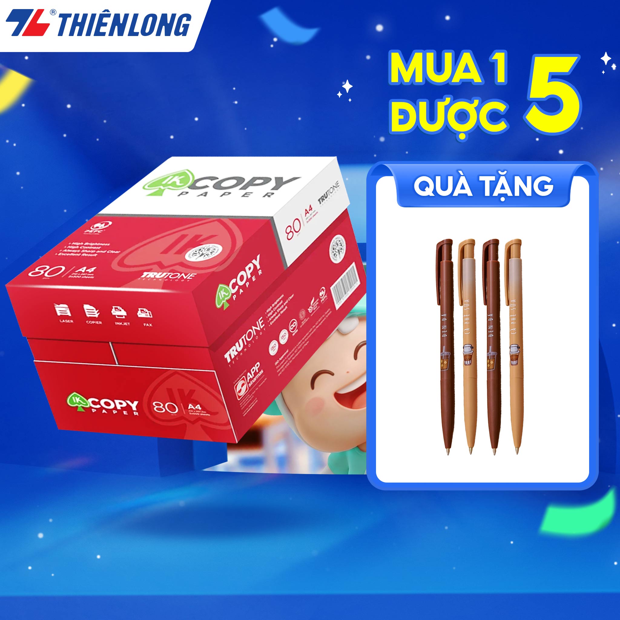 Combo 5 Ream giấy in A4 giấy photo IK Copy 80gsm độ dày cao đều màu không gợn sóng nhập khẩu Indonesia 500 tờ/Ream