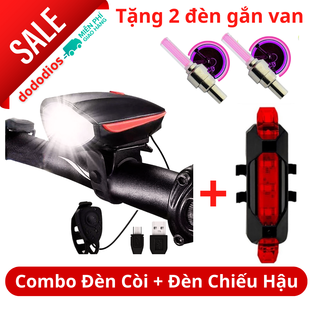 combo Đèn xe đạp thể thao siêu sáng có còi pin sạc chống nước + Đèn chiếu hậu cảnh báo TẶNG 2 ĐÈN GẮ