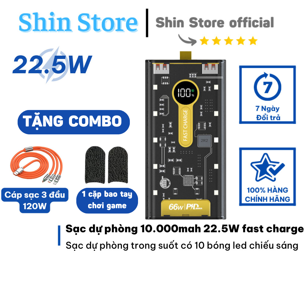 Pin sạc dự phòng trong suốt sạc nhanh QC22.5W PD20W 10000mah có màn hình led hiển thị và mạch đèn le