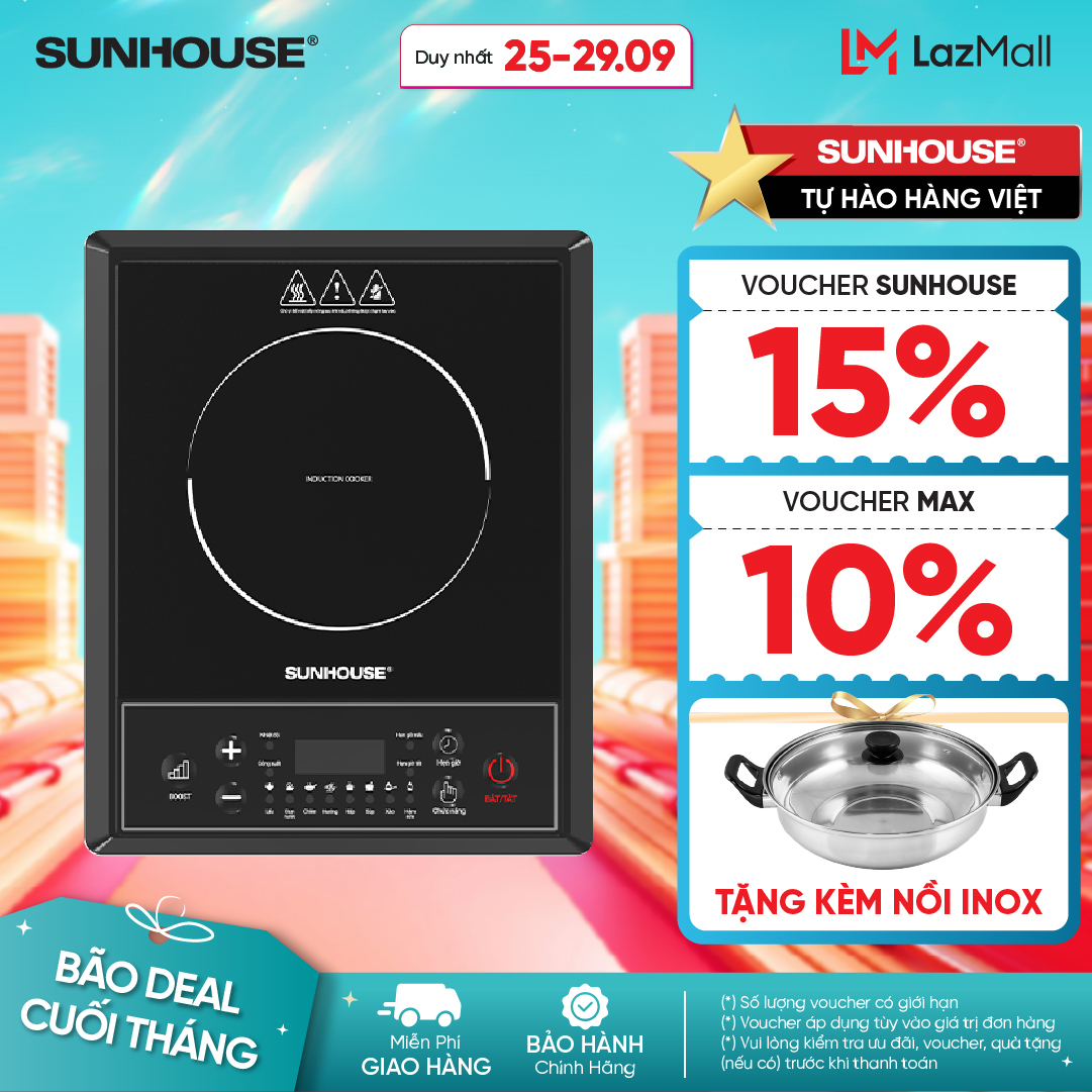 [NEW - TẶNG NỒI INOX CÓ SẴN] Bếp từ đơn Sunhouse SHD6154 - Công suất 2000W - 8 chế độ nấu - 10 mức n