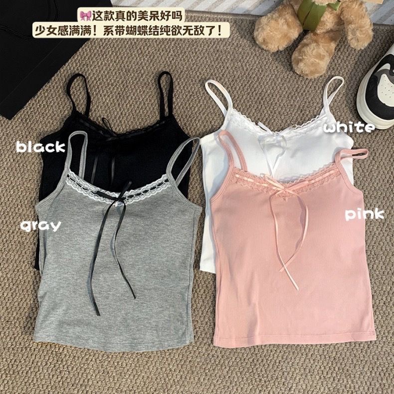 [Zestiva] gợi cảm Hàn Quốc áo 2 dây có mút ngực áo hai dây nữ Trễ Vai croptop Trắng ren Nơ áo 2 dây 