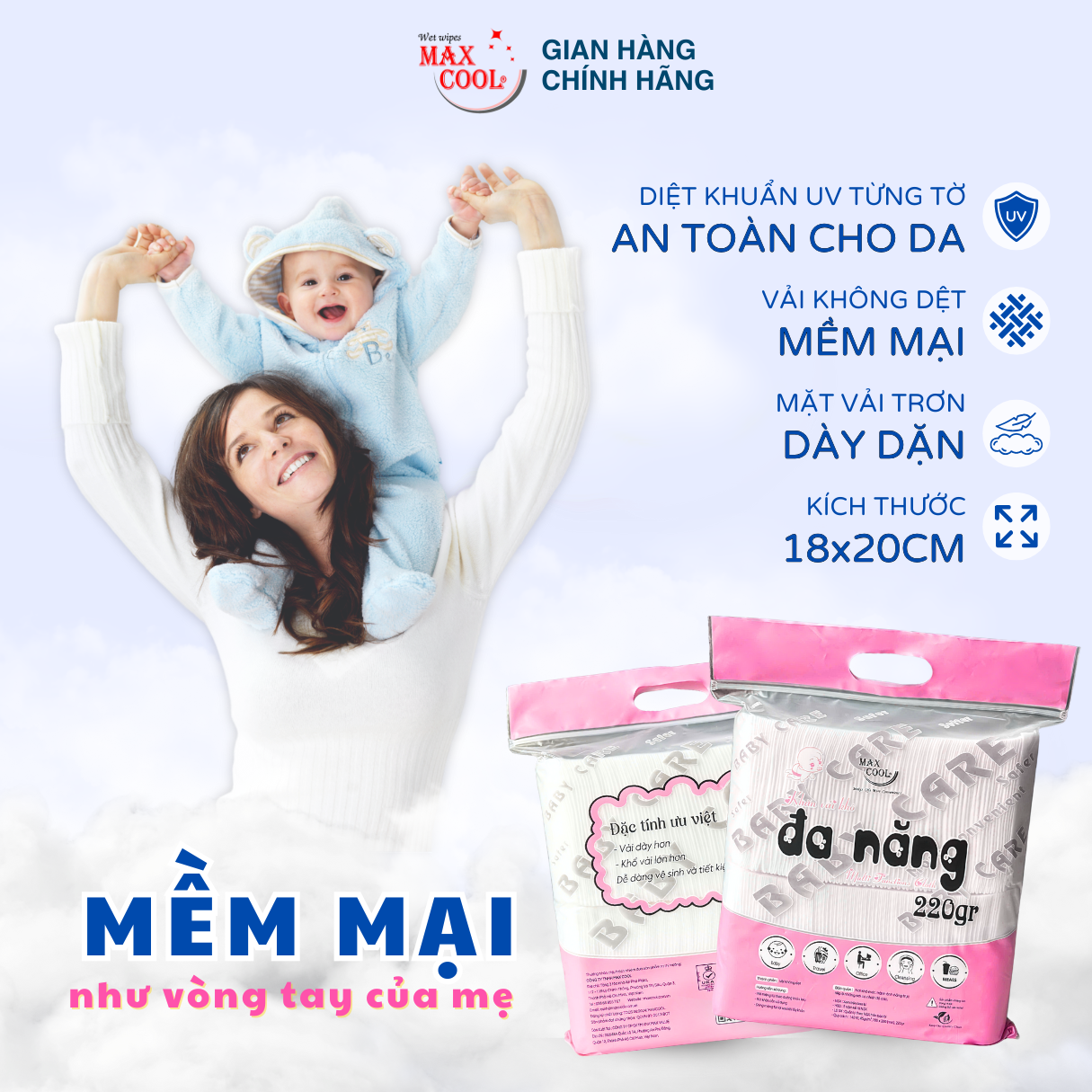 Khăn vải khô đa năng Max Cool 220gr- HÀNG CHÍNH HÃNG cao cấp an toàn cho bé