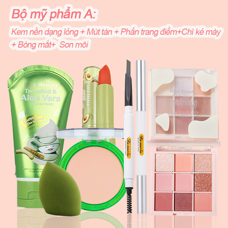 [Hcm]【Kiss Belle】Bộ 6 Mảnh Trang Điểm Cá Nhân Kem Nền Dạng Lỏng+Mút Tán+Phấn Trang Điểm+(Chì Kẻ Mày Hoặc Là Kẻ Mắt Hoặc Là Mascara)+Bóng Mắt+Son Môi(Kem Chống Nắng Không Thấm Nước Không Thấm Mồ Hôi Và Lâu Dài)