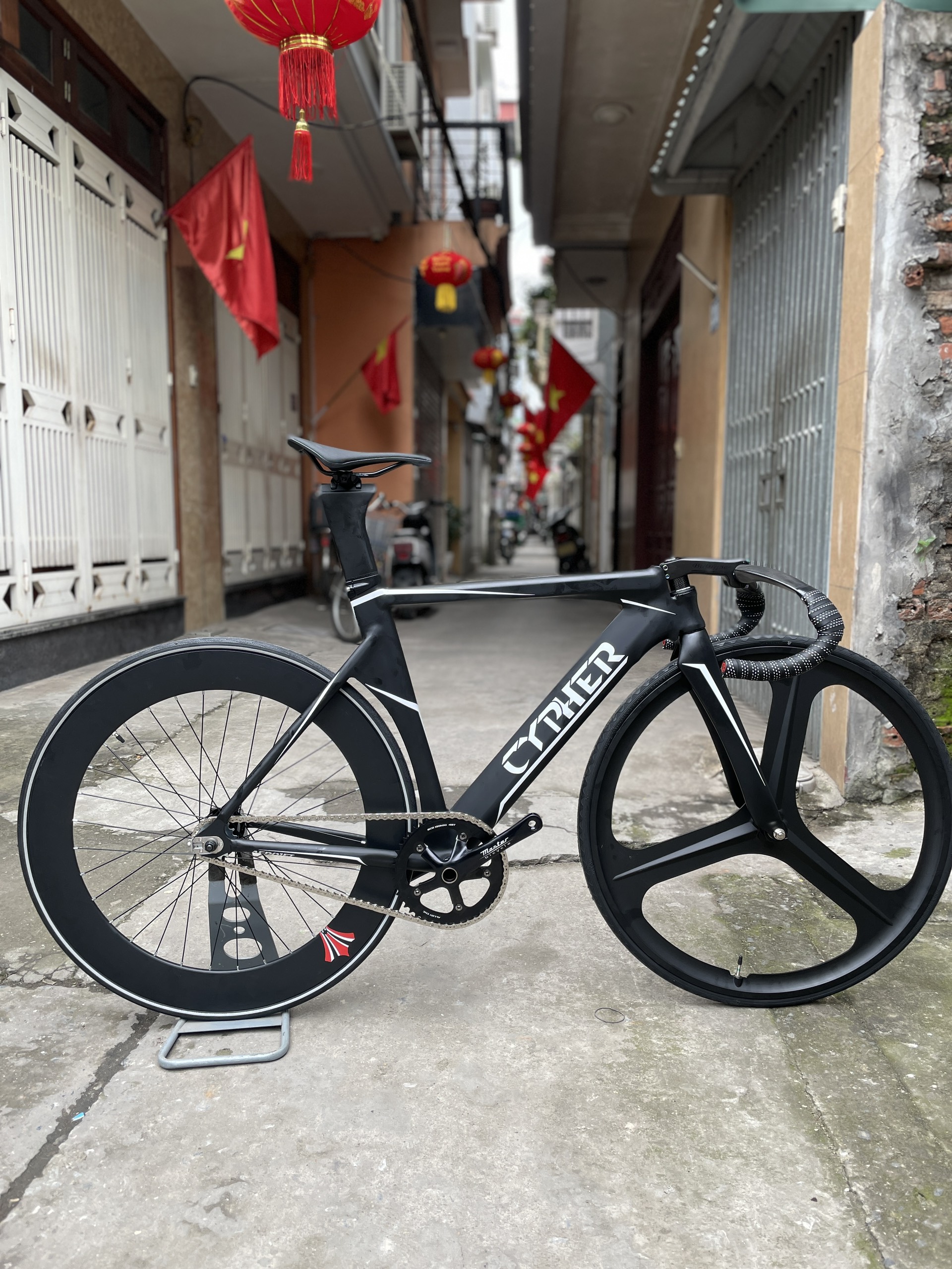 (Chat với shop trước khi đặt hàng) Xe đạp fixed gear Track Cypher màu đen bánh 3 đao, 7cm, ghi đông Track
