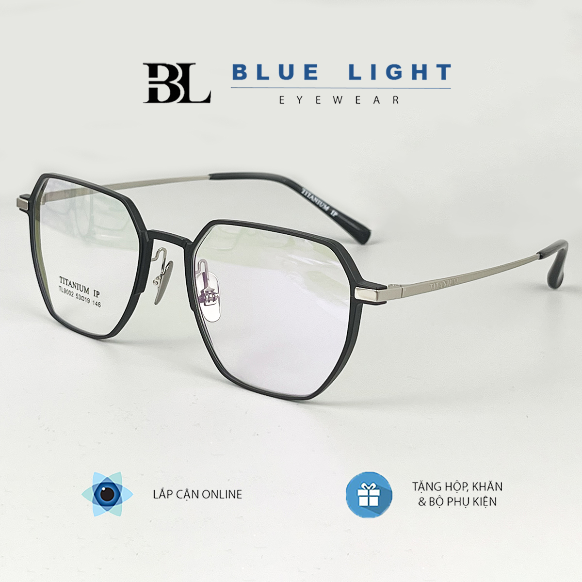 Gọng Kính Đa Giác Mắt Kính Vuông TITANIUM Nam Nữ Cao Cấp Nhẹ Đàn Hồi Bạc Đen Vàng - BLUE LIGHT