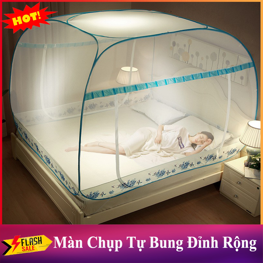 [HCM]( LOẠI DÀY ) Mùng chụp tự bung đỉnh vuông chân viền màn chụp đỉnh rộng có cửa chống muỗi cao cấ