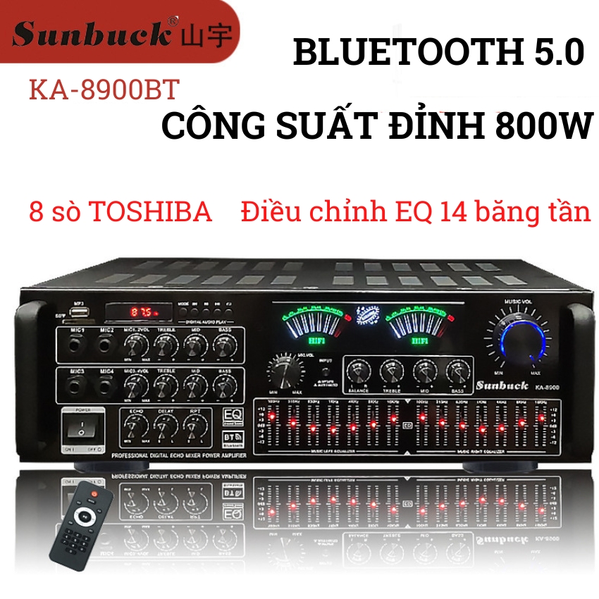 Amply bluetooth Sunbuck KA-8900 220V hỗ trợ 4 kênh 4 jack cắm mic amply đánh nhạc hay nhất với 8 sò Toshiba