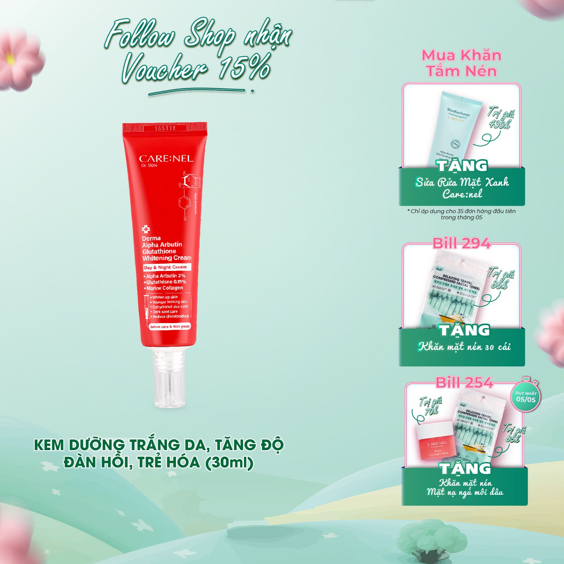 Kem dưỡng trắng glutathione kích trắng alpha arbutin CARE:NEL DERMA ALPHA ARBUTIN GLUTATHIONE WHITEN