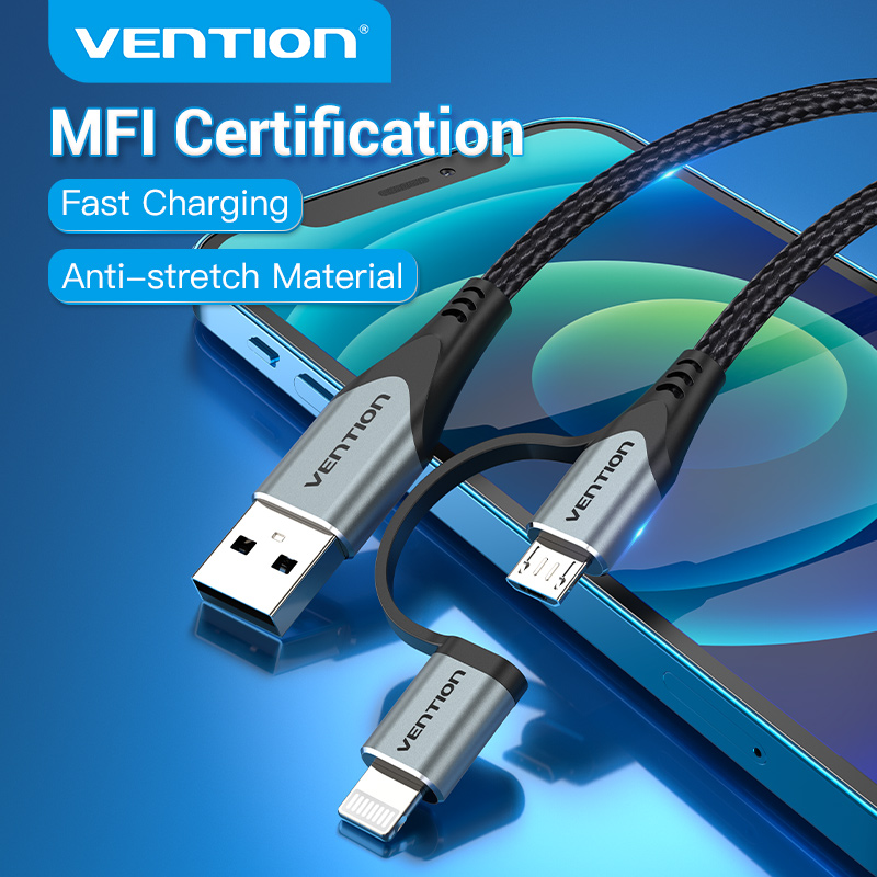 Vention USB Cable USB 2.0 A to Micro B Lightning Cable Male to Male 2 in 1 Aluminum alloy 4.4A Fast 