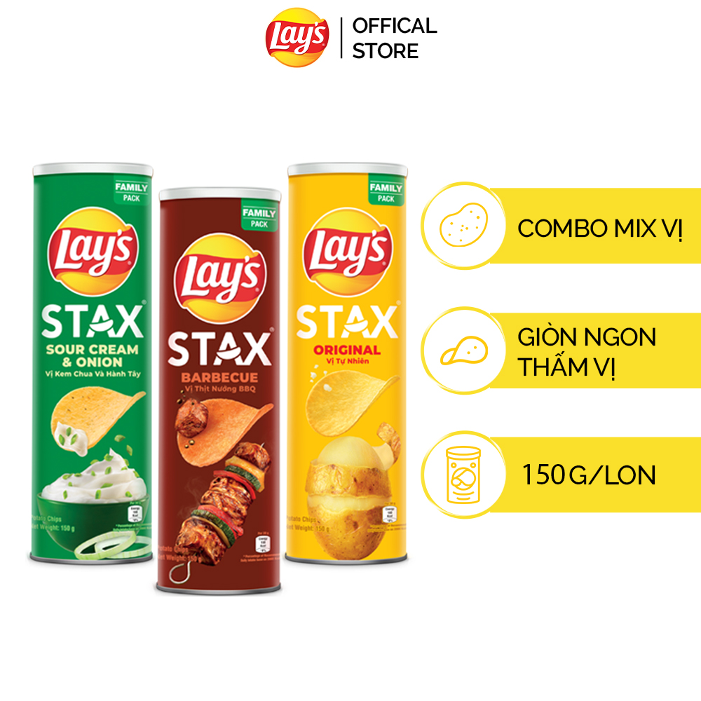 Combo 3 Lays Stax 155G (Tự Nhiên Thịt Nướng BBQ Kem Chua Hành)