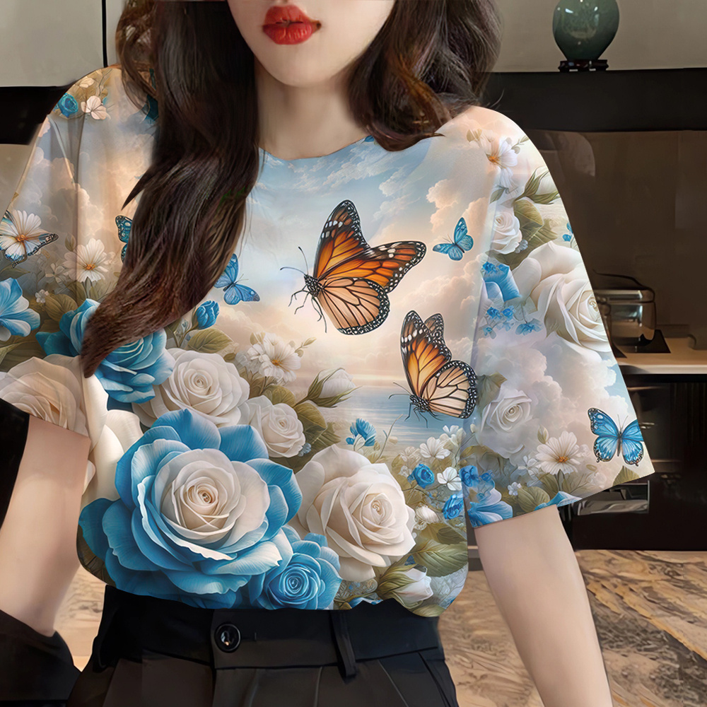 ao croptop nữ ngắn Thanh lịch Việt Bướm Phụ nữ đẹp Áo thun Thời trang đơn giản hàng ngày phụ nữ hàng