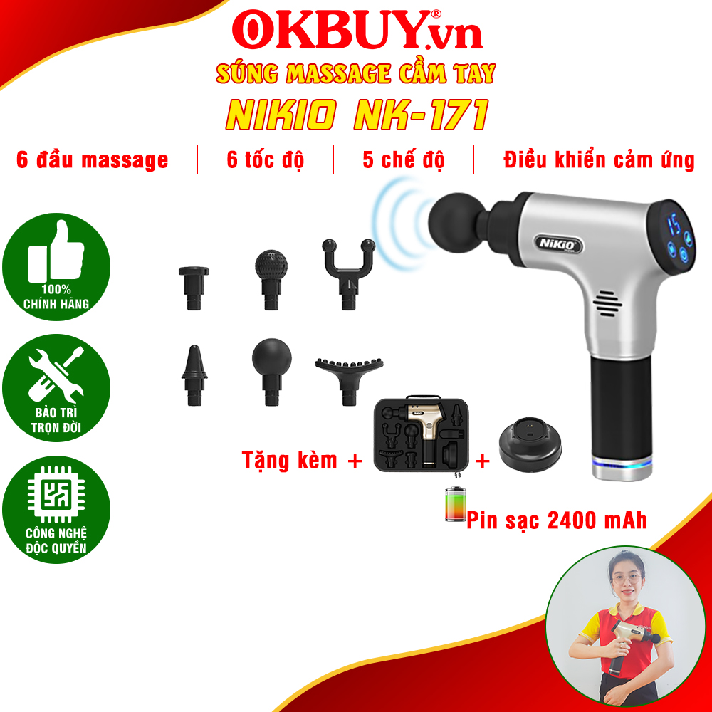 Súng Massage Cầm Tay Nikio NK-171 - 6 Đầu, 80W, Bạc, 2.25kg