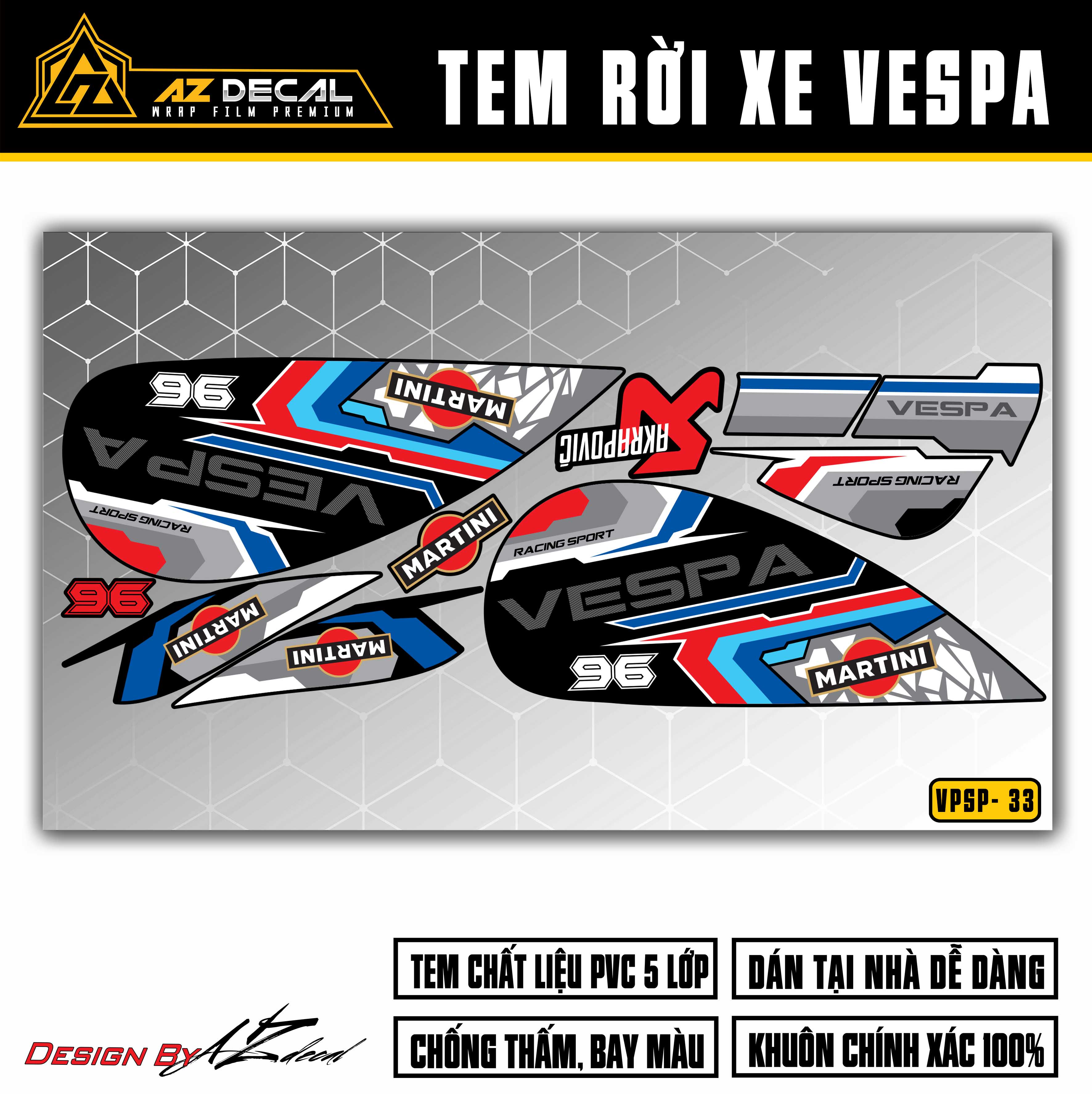 Tem Rời Xe Vespa Sprint / Primavera Mẫu Martini | VPSP33 | Decal Chế Dán Xe Vespa Mọi Màu Đen Trắng 