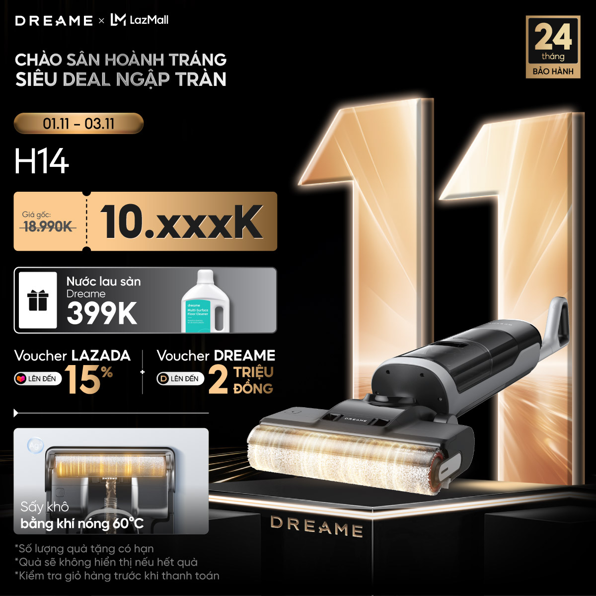 Máy hút bụi lau nhà thông minh Dreame H14 Ultra - 20000 Pa, Pin 5000 mAh, Bảo hành 2 năm