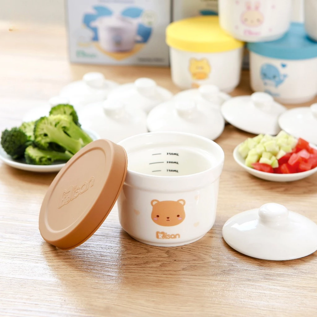 Hũ sứ ăn dặm cho bé Misan 250ml chia vạch có nắp sứ và silicon - Bát ăn dặm cho bé