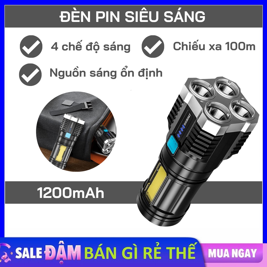 Đèn Pin T1 Mini POLICE 3 Chế Độ Siêu Sáng Có Zoom Gần Xa Bóng Đèn Phụ Bên Hông Full Hộp Kèm Dây Sạc 