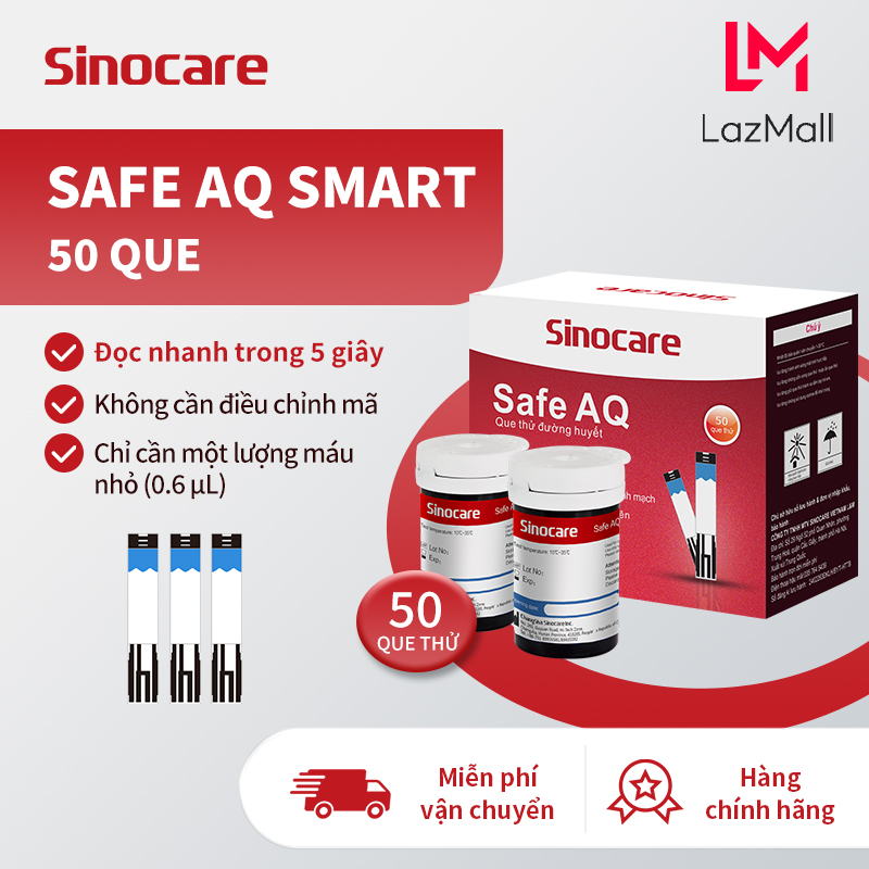 Sinocare Que Thử Đường Huyết Safe AQ Smart Hộp 50 Que Thử Tặng kèm 50 Kim