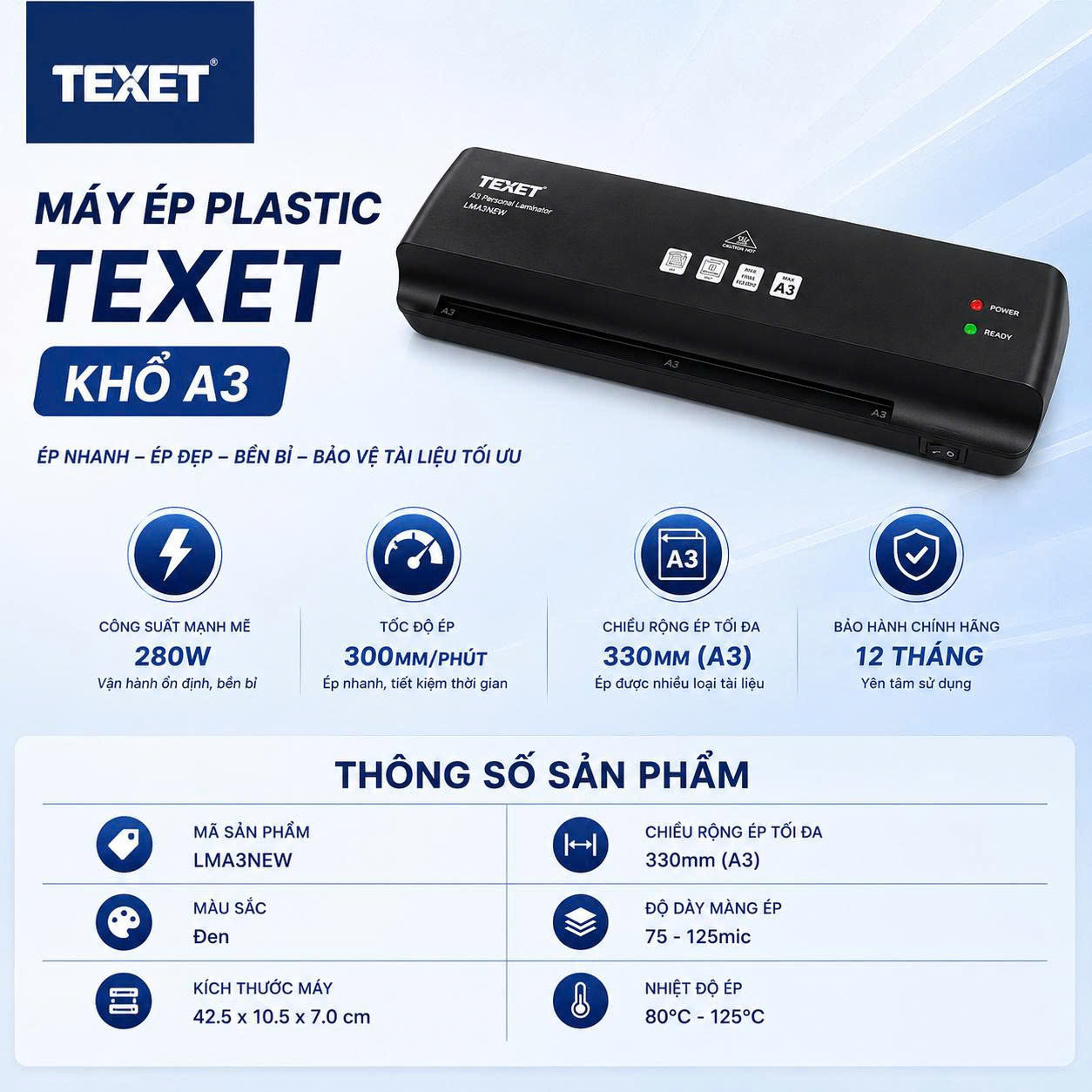 Máy ép nhựa khổ A3 Texet LMA3NEW (Đen) (Bảo hành 12 tháng)