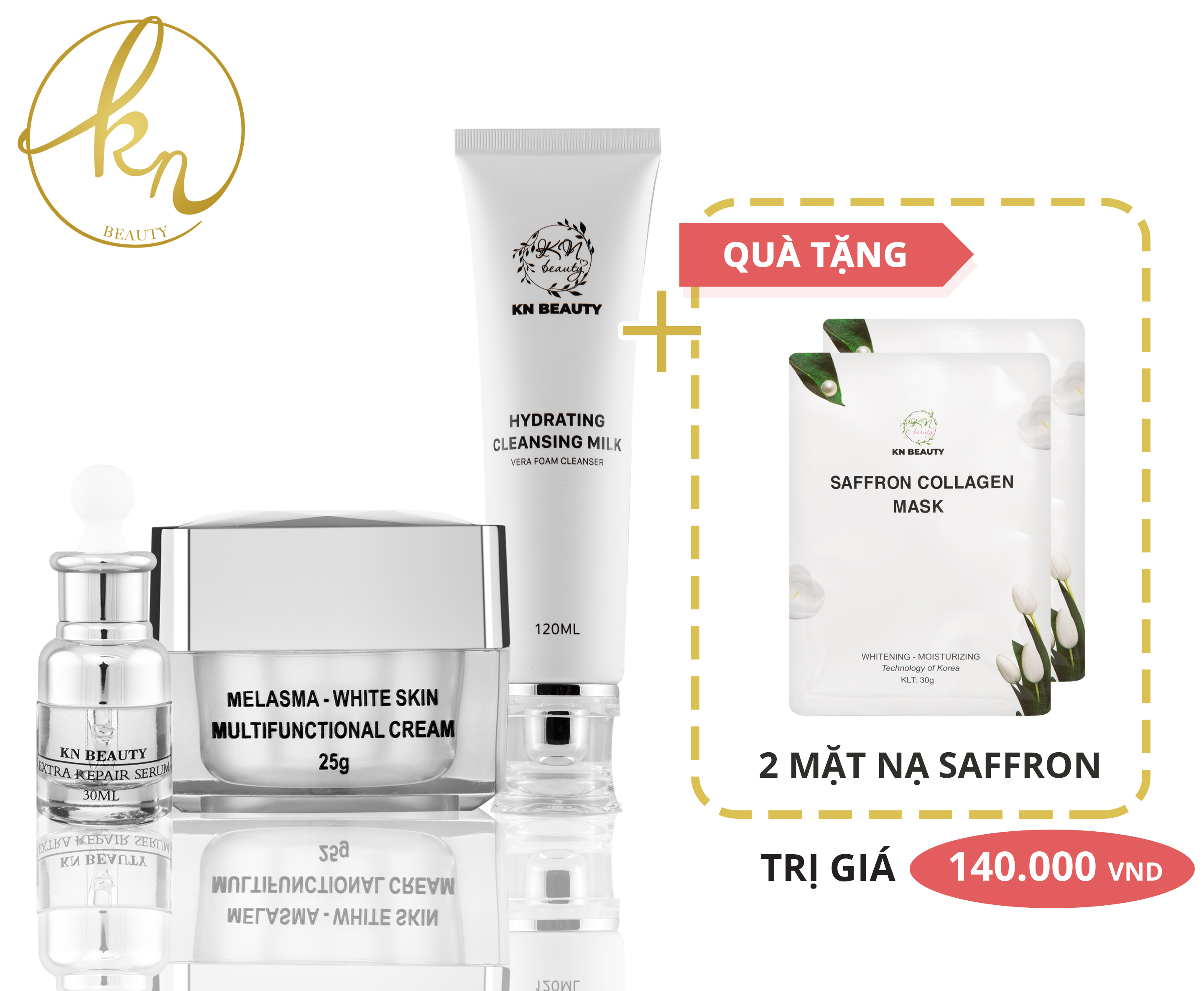 Bộ 3 Sản Phẩm Trắng Da Ngừa Nám Kn Beauty Chuyên Sâu: Kem Dưỡng 25G + Serum 30Ml+ Sữa Rửa Mặt 100G (Tặng 2 Mặt Nạ Saffron)