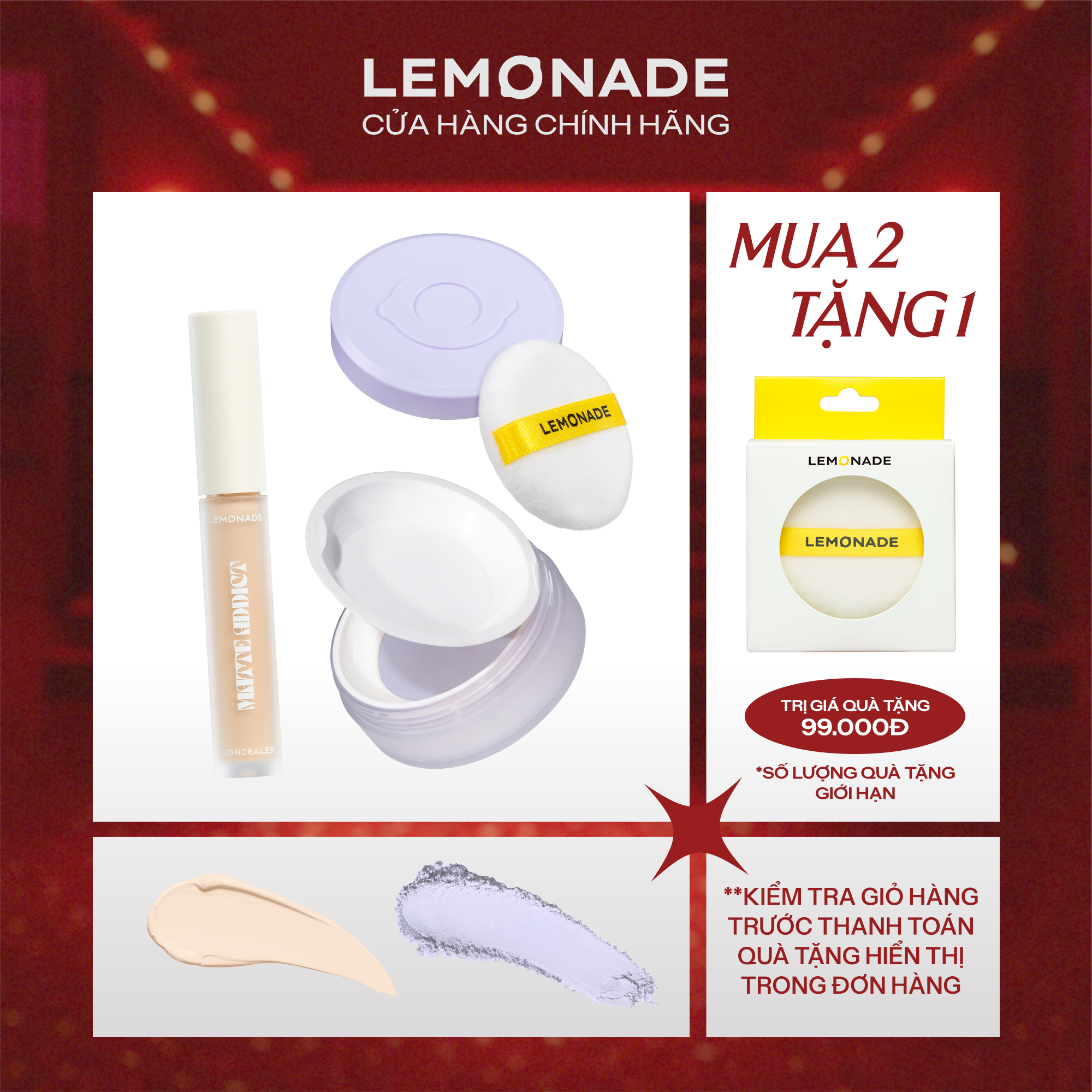 Combo Phấn phủ mỏng nhẹ kiềm dầu thuần chay chống nắng Lemonade Supermatte No Makeup Loose Powder 9g