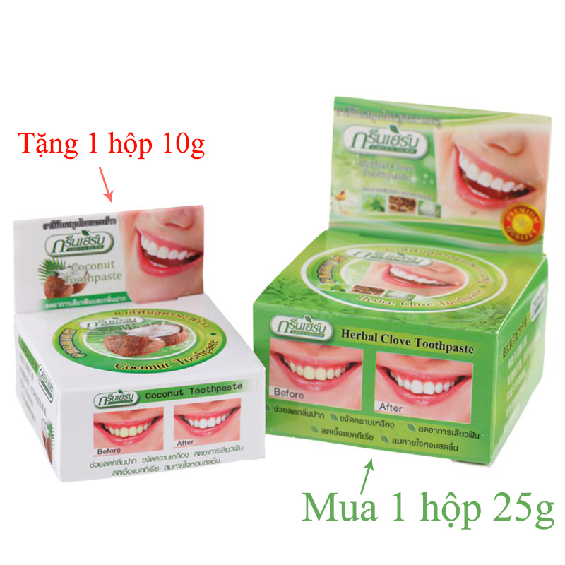 Kem tẩy trắng răng Green Herb Herbal Clove Toothpaste Thái Lan 25g tặng kèm hủ nhỏ 10g - kem tẩy siêu trắng cho răng miệng - tẩy trắng hiệu quả giá phải chăng