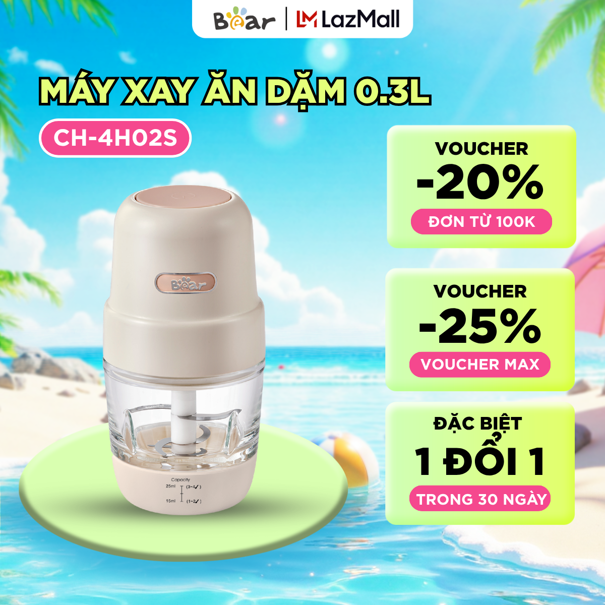 Máy Xay Ăn Dặm Bear 0.3L Máy Xay Thực Phẩn Cho Bé Ăn Dặm Cối Thủy Tinh Máy Xay Cháo Mini Máy Xay Thịt Ăn Dặm CH-4H02S