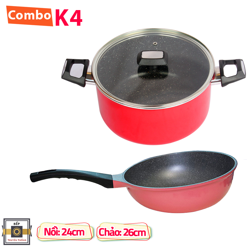 [Hoàn tiền 20%] Bộ 2 nồi chảo cao cấp nồi chống dính vân đá (K) quai chống nóng nắp kính cường lực v