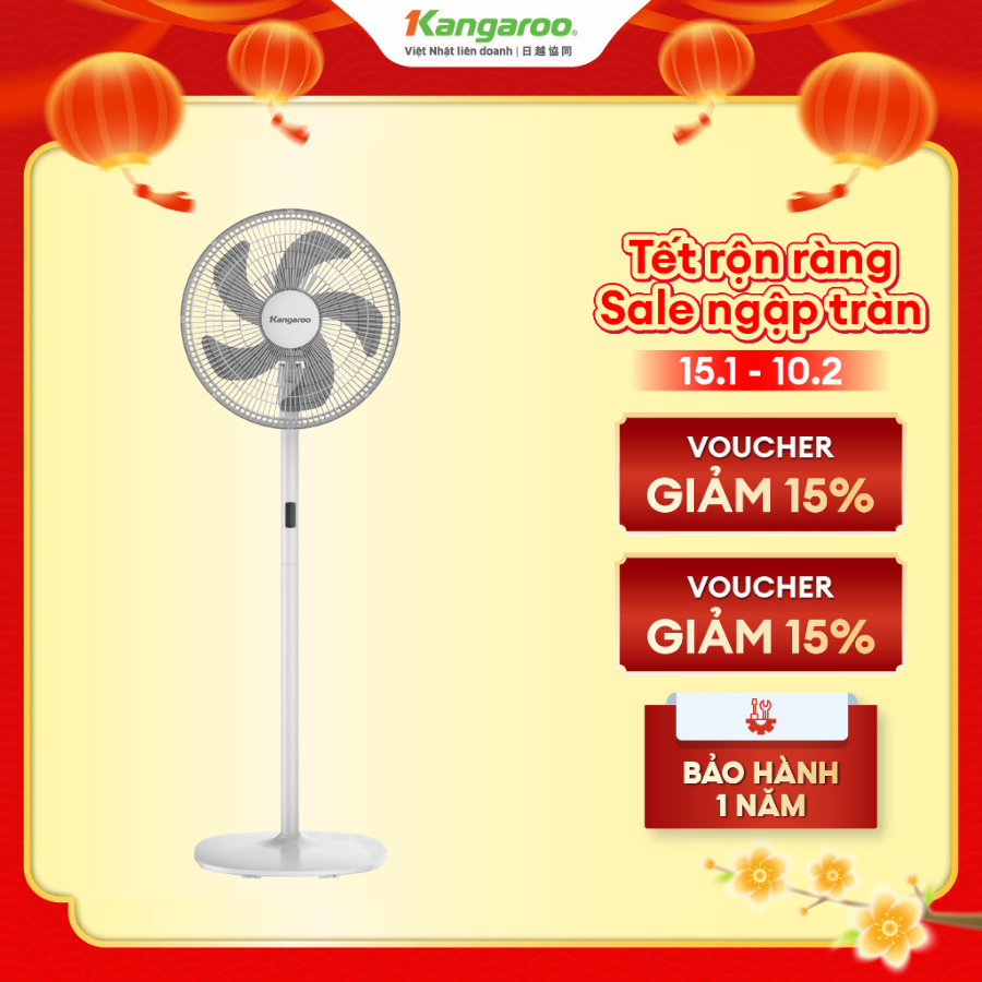 Quạt đứng Kangaroo KG726 - 5 Cánh, Điều khiển Từ Xa, Góc Quay Rộng, Màu Trắng