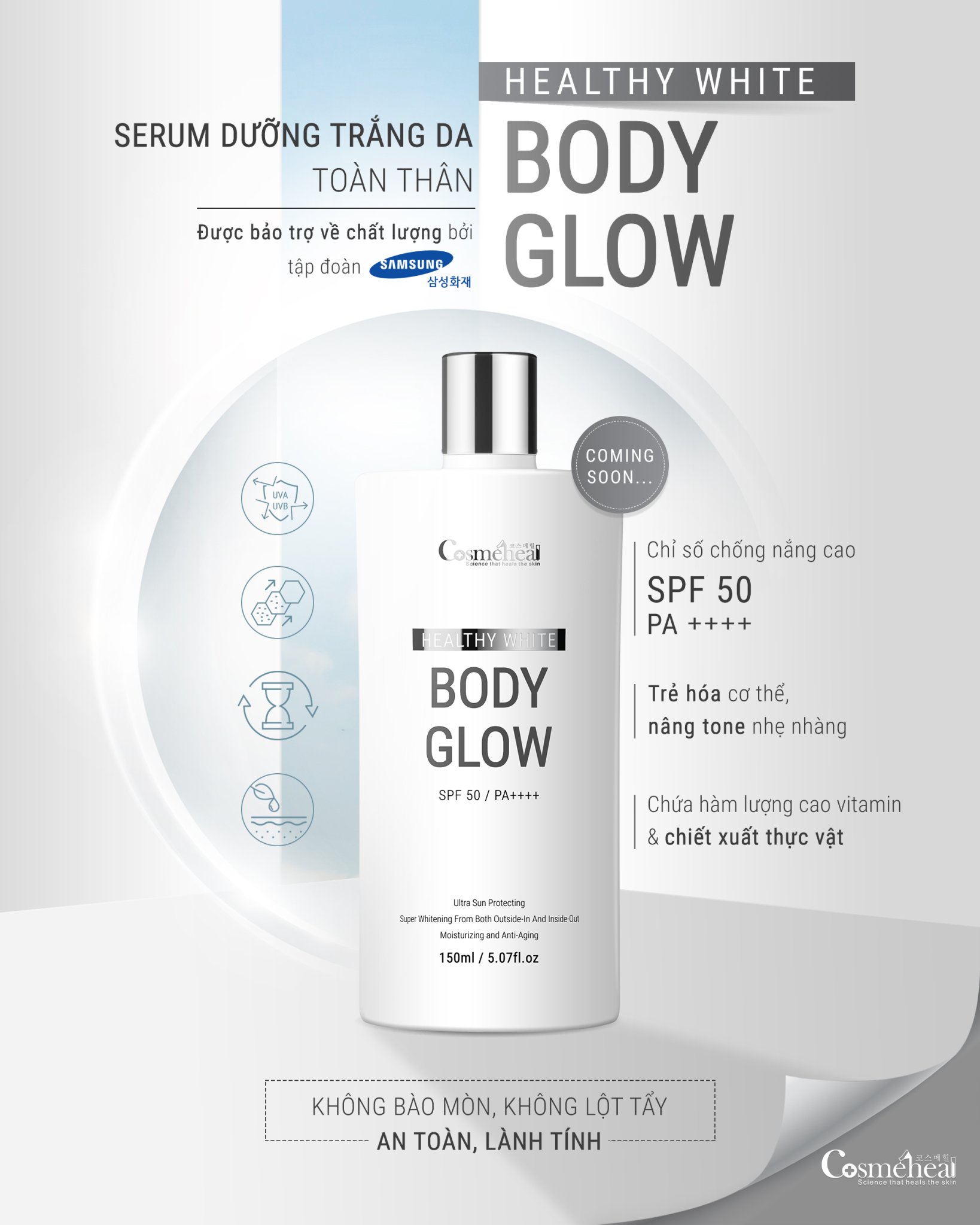 [HCM]Serum Làm Sáng Da Toàn Thân COSMEHEAL Healthy White Body Glow-Sản Phẩm Được Nghiên Cứu Y Khoa-SPF 50/ PA ++++(150ml)