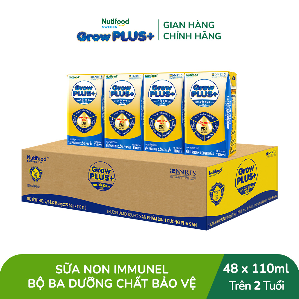 [Bao bì mới] Thùng Sữa Bột Pha Sẵn Nutifood GrowPLUS+ Vàng (Sữa Non Tăng Đề Kháng) 110ml - Trên 2 tu