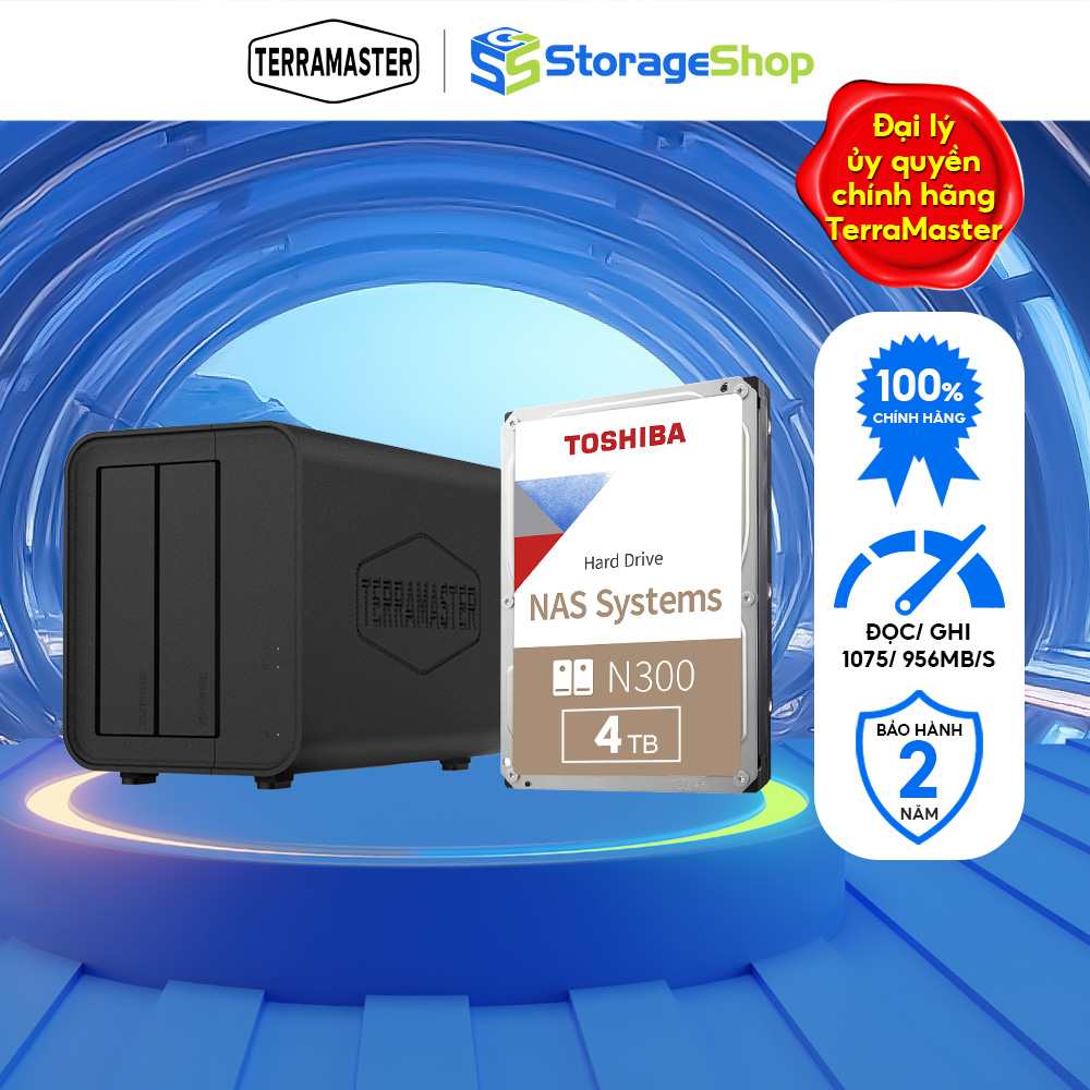 Combo thiết bị lưu trữ DAS TerraMaster D2-320 kèm ổ cứng NAS Toshiba N300 24/7 Hàng chính hãng