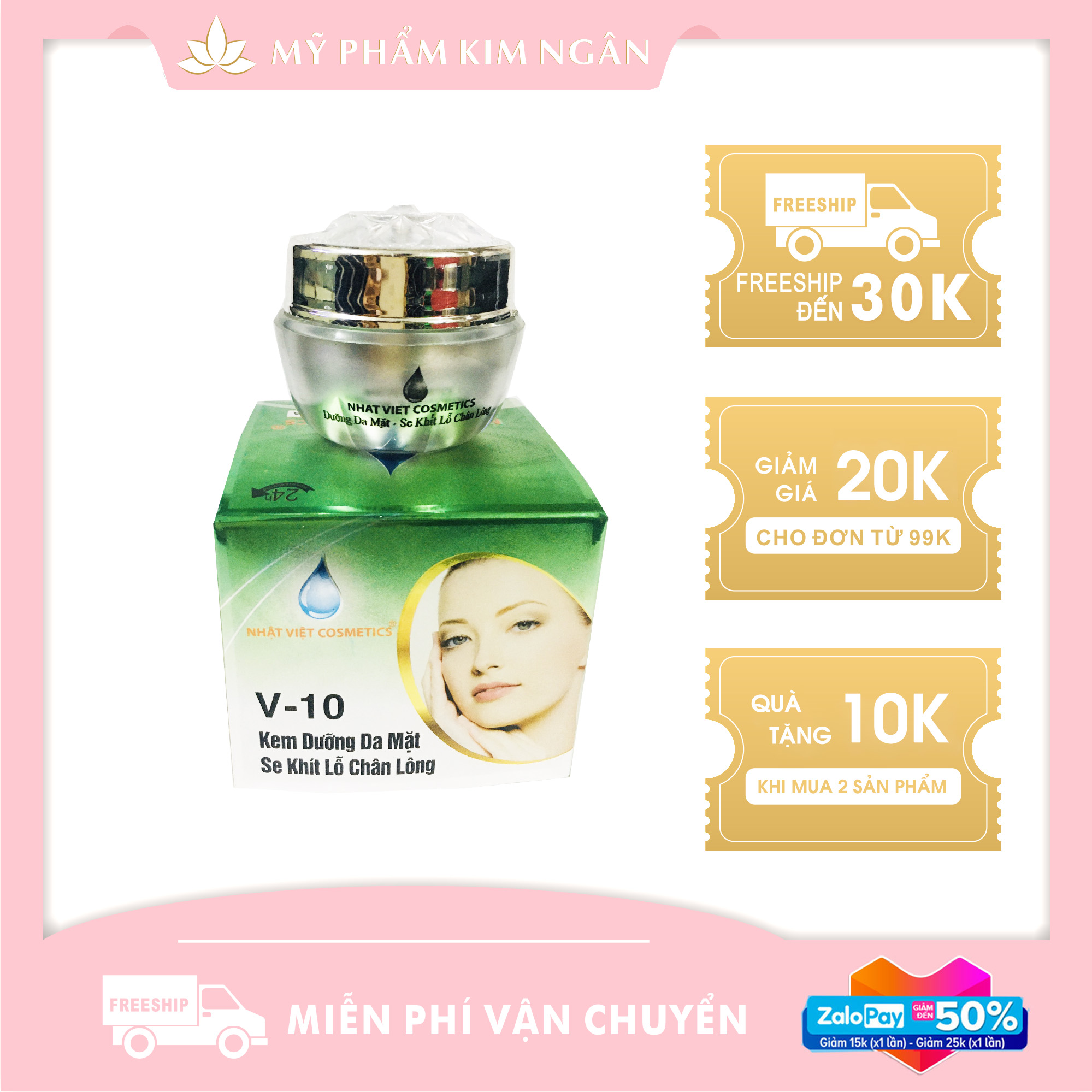 Kem Nhật Việt V10 Dưỡng Trắng Da Mặt Se Khít Lỗ Chân Lông Ngọc Trai Đen Sữa Ong Chúa (16G) - Mỹ Phẩm Kim Ngân