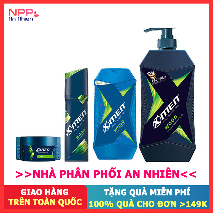 Combo Dầu gội nước hoa X-Men Wood 650g+Sữa tắm 180g+Sáp vuốt tóc Spiky 70g+Xịt khử mùi 150ml- NPP AN NHIÊN
