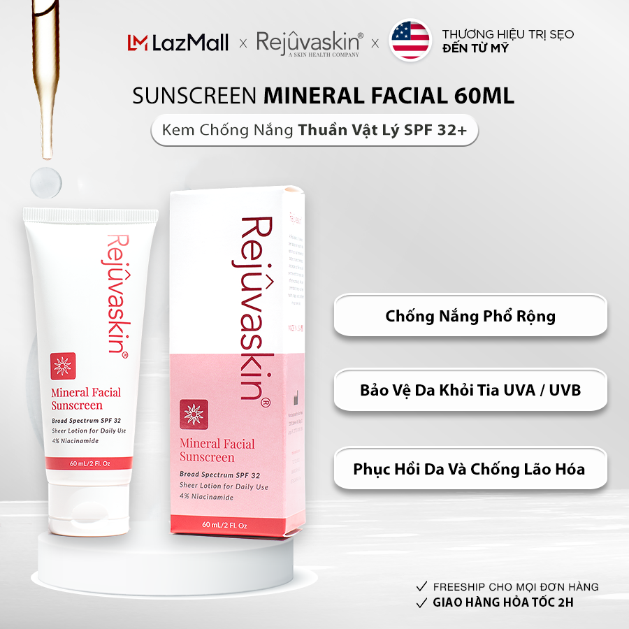 [Date 07.2024] Kem Chống Nắng Dưỡng Ẩm Sáng Da Rejuvaskin Mineral Facial Sunscreen Thuần Vật Lý SPF32+ 6ml/60ml