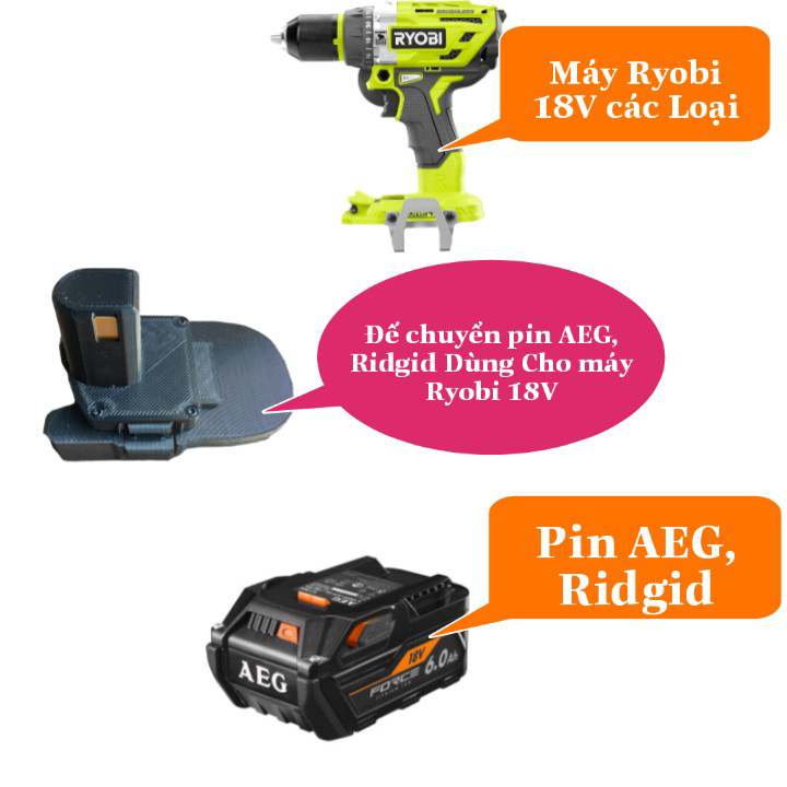 Đế Chuyển Pin AEG Ridgid Dùng Cho Máy Ryobi 18V In Nhựa Chịu Lực Siêu Cứng - Bộ Chuyển Đổi AEG Ridgi