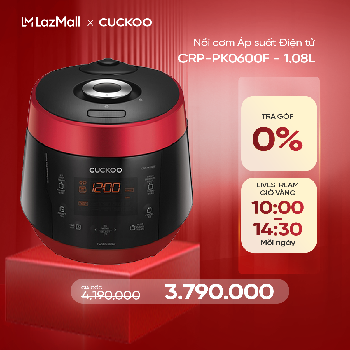 Nồi cơm điện tử áp suất Cuckoo 108 lít CRP-PK0600F - Bảng điều khiển tiếng Anh - Lòng nồi chống dính
