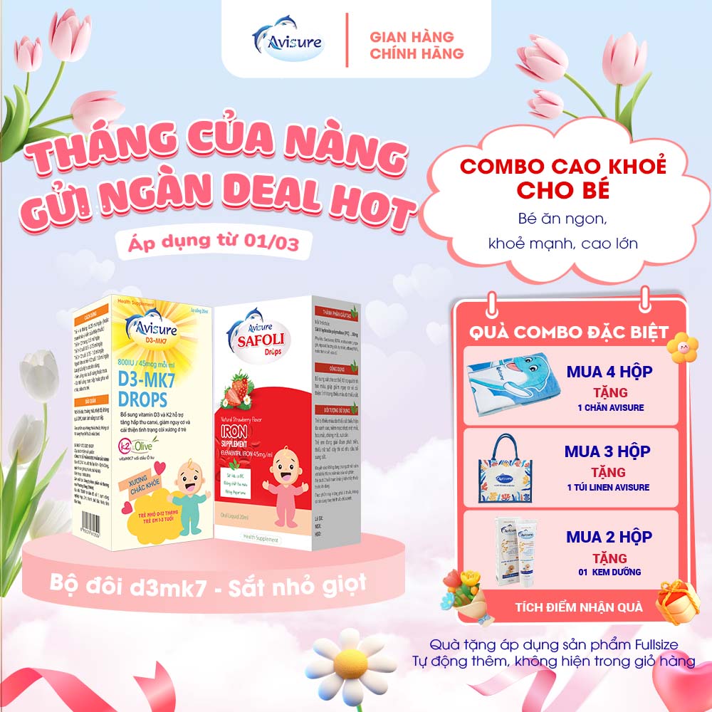 Combo Vitamin D3K2 Avisure D3MK7 và Sắt hữu cơ Avisure Safoli Drop giúp bé cao lớn bụ bẫm hết thiếu 