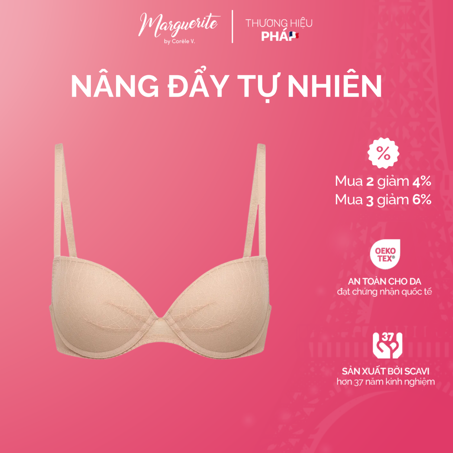 Áo ngực nữ Marguerite nâng vừa không gọng êm ái mút nâng 2cm chuẩn an toàn quốc tế OEKO-TEX từ Corèl