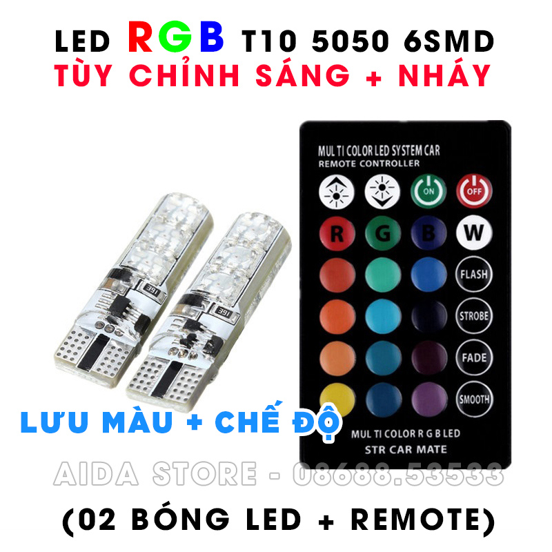 Bộ đèn LED RGB demi điều khiển màu + chế độ nháy sáng chuẩn T10 12v