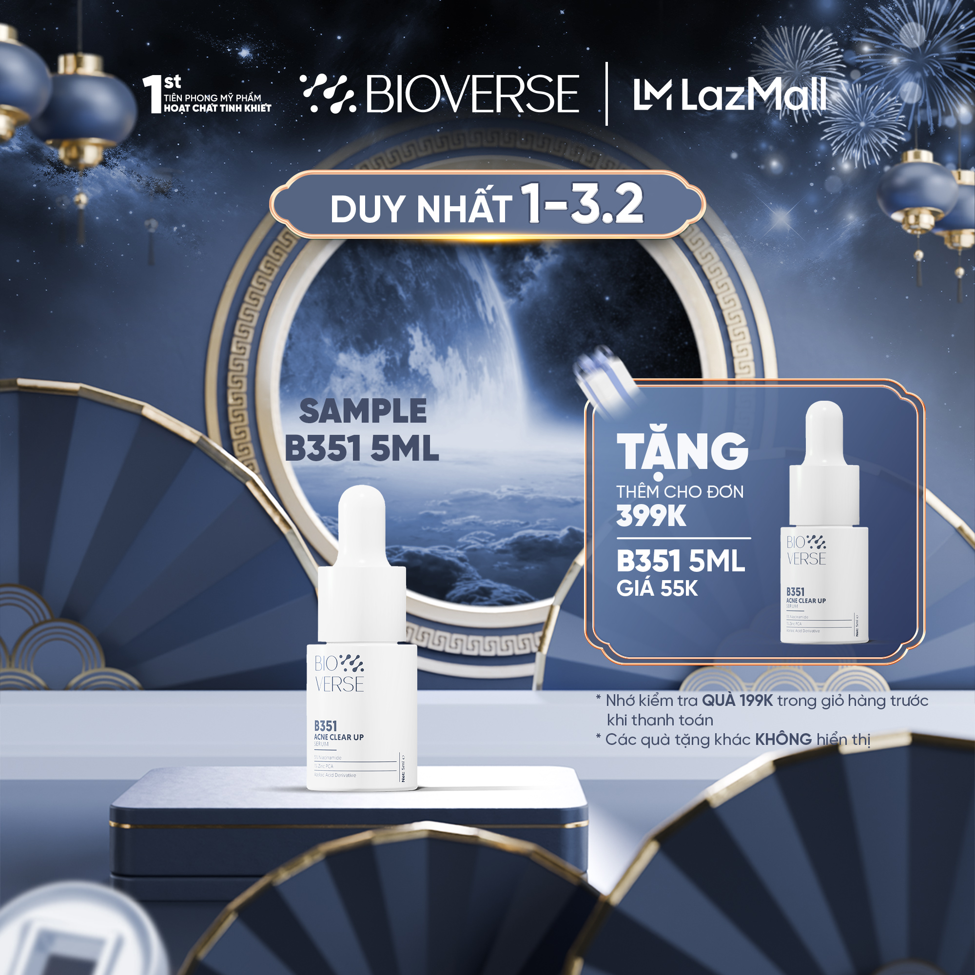 Sample Tinh Chất Niacinamide 5% + Zinc 1% Hỗ Trợ Mụn Bioverse B351 Acne Clear Up Serum 5ml