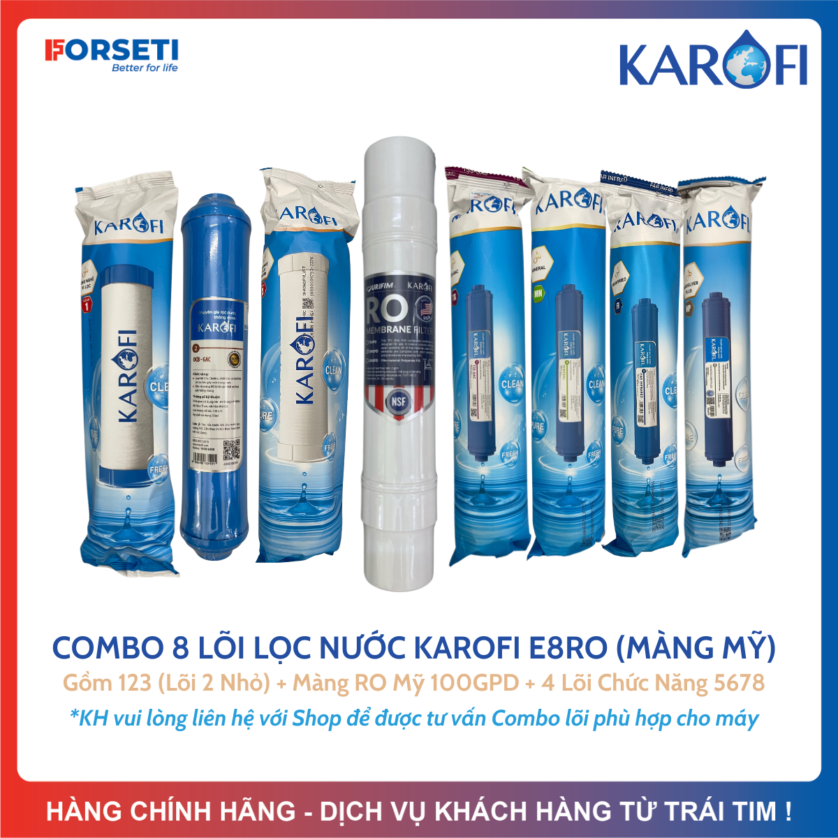 Trọn Bộ 8 Lõi Lọc Nước KAROFI Dùng Cho Máy Lọc Nước KAROFI E8RO - Màng RO 100GPD đúc cắm nhanh (Hàn 