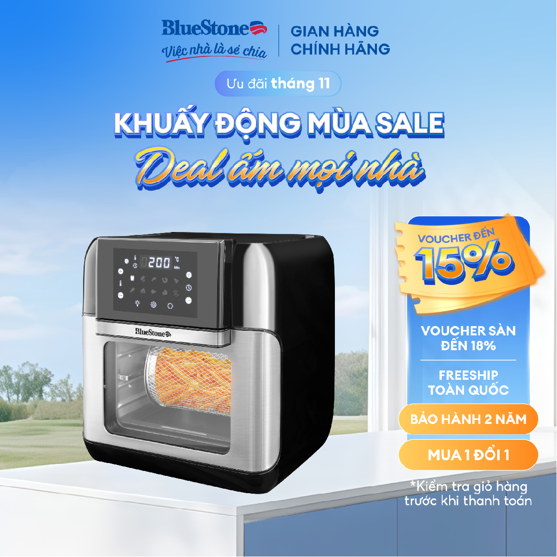 Nồi Chiên Không Dầu BlueStone AFB-5888 (10 Lít) - Công suất 1800W - Công nghệ Rapid Air giảm 80-90%