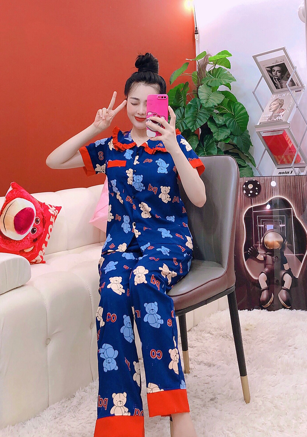Set Đồ Ngủ Pijama vải lụa hàn Tay Ngắn-Quần Dài Tiểu Thư Dễ Thương from dưới 58 kg