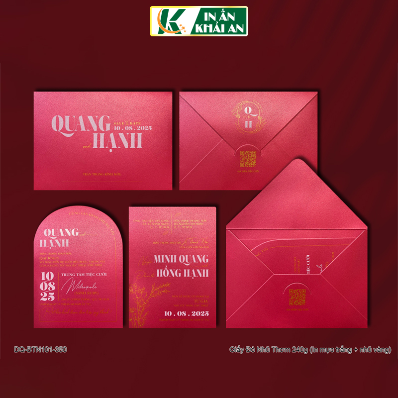 BTN101-350 - Thiệp cưới dạng ngang 17.6x12.6cm chất liệu giấy Đỏ Nhũ Thơm 240gsm