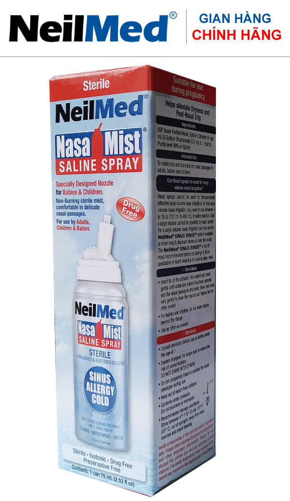 NeilMed NasaMist Saline Spray Isotonic 75ml-Chai Xịt rửa Mũi phun sương siêu mịn- Xuất Xứ Mỹ