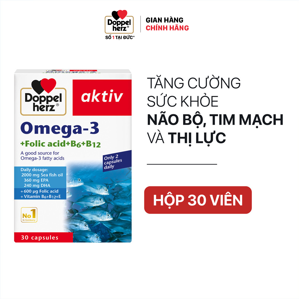 Viên dầu cá Doppelherz Omega 3 + Folic acid + B6 + B12 hỗ trợ tăng cường thị lực tim mạch và não bộ (Hộp 30 viên)