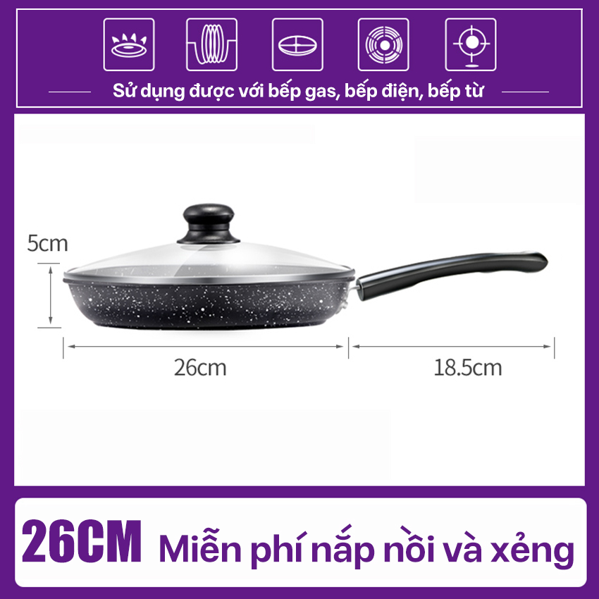 Chảo chống dính phủ đá cẩm thạch tặng kèm nắp và xẻng chảo chống dính bếp từ chảo chống dính vân đá 