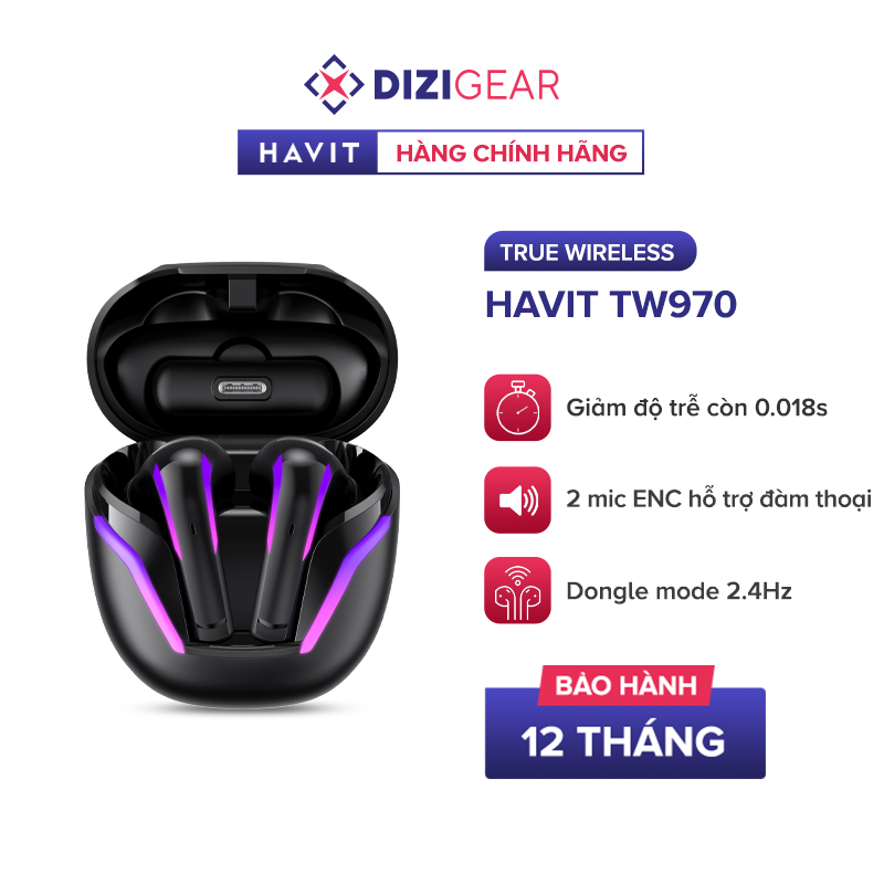 Tai nghe TWS HAVIT TW970 BT 5.3 Dongle Mode Độ Trễ 18ms 2 Mic ENC + Đèn RGB Nghe Nhạc Đến 24H - Hàng
