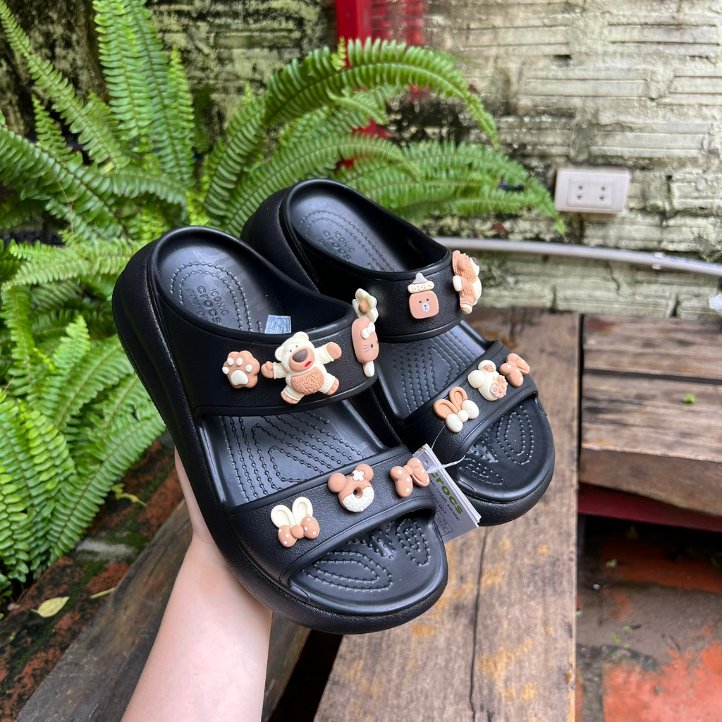 [ Mẫu Mới ] Dép Crocs 2 Quai Ngang Đế Cao 7cm Thời Trang Cho Nữ Tặng Sticker Ngẫu Nhiên